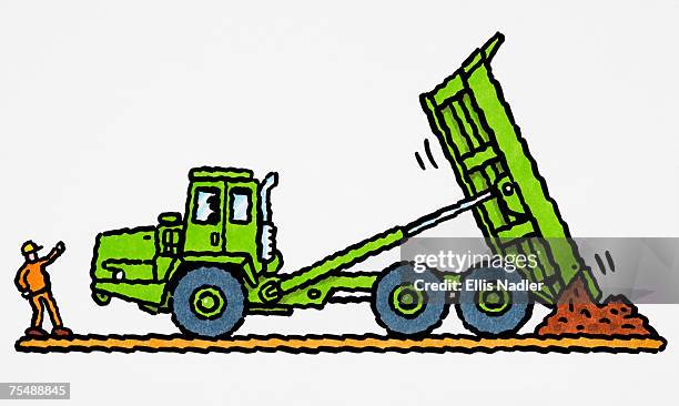ilustraciones, imágenes clip art, dibujos animados e iconos de stock de green articulated dump truck tipping out load by lifting its body, side view, cartoon - dump truck cartoon