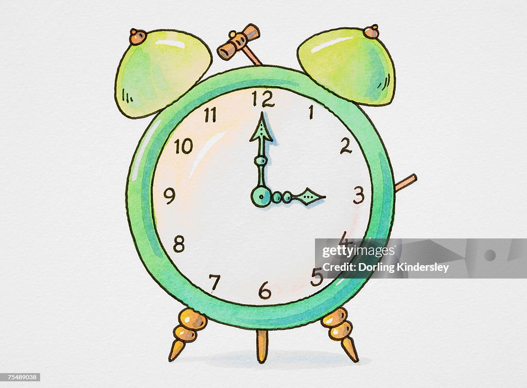 Cartoon, alarm clock with bells, hands pointing to three o'clock