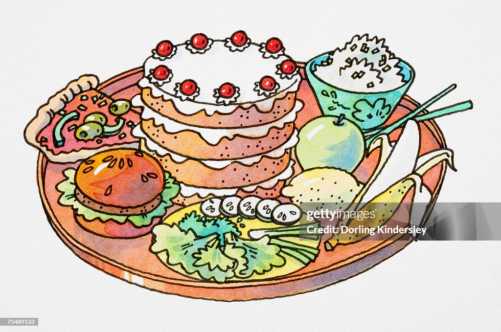 Cartoon, selection of foods on round tray, decorated layer cake, slice of pizza, hamburger, green salad, partially peeled banana, whole lemon, green apple