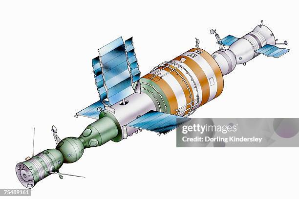 space station from russian salyut series - russische kultur stock-grafiken, -clipart, -cartoons und -symbole