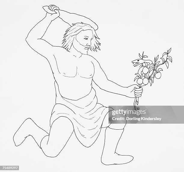 hercules hurling a club over his head while holding the snake draco by the tail in his other hand, side view - draco stock illustrations