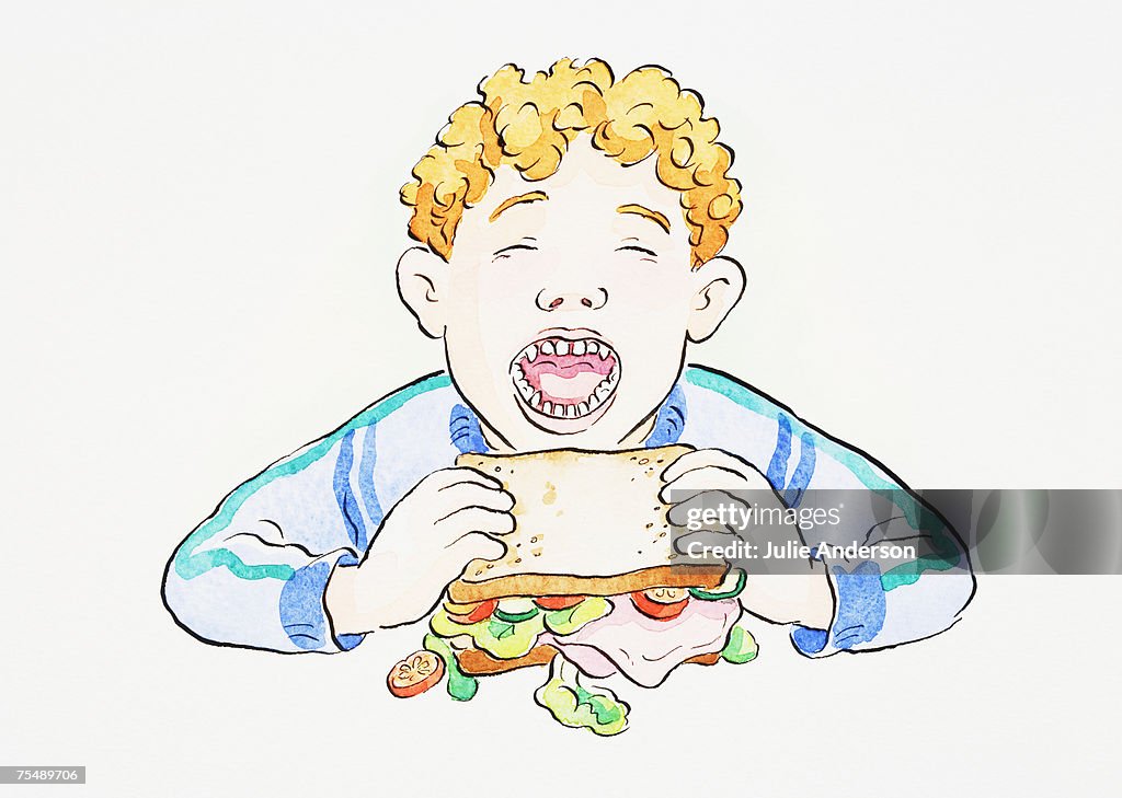 Cartoon Depiction Of Boy Eating Sandwich High-Res Vector Graphic - Getty  Images