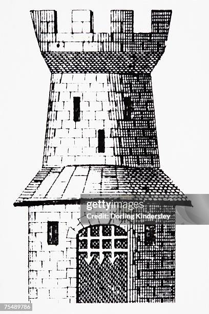 crenelated castle tower with portcullis, line drawing - fallgatter stock-grafiken, -clipart, -cartoons und -symbole