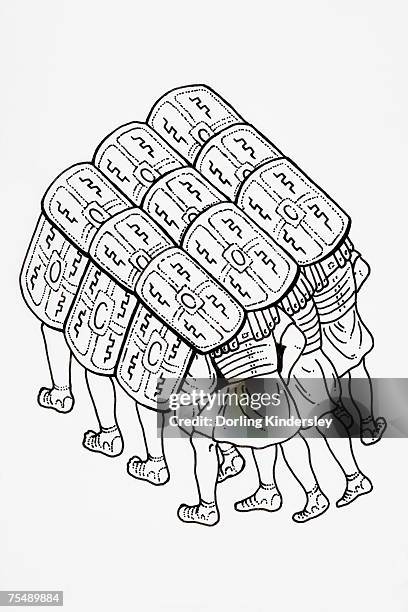 platoon of soldiers formed into a testudo (tortoise), used as protection, head and shoulders covered with their shields allowing safer advance - testudo stock illustrations