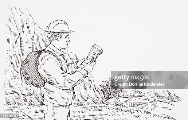geologist wearing hard hat, carrying rucksack, looking at a map, with mountains and rocks in background - geologist stock illustrations