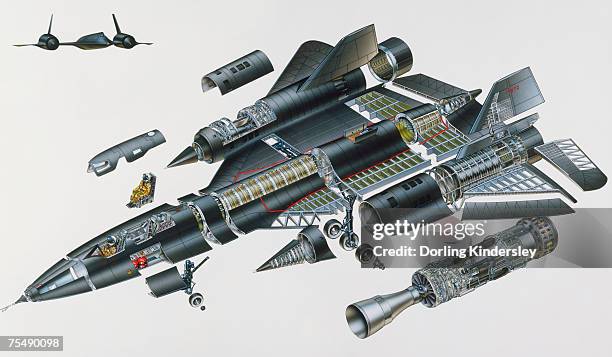 lockheed sr-71, high-tech military jet aircraft, also known as blackbird, expanded cross-section, elevated view - lockheed sr 71 blackbird stock illustrations