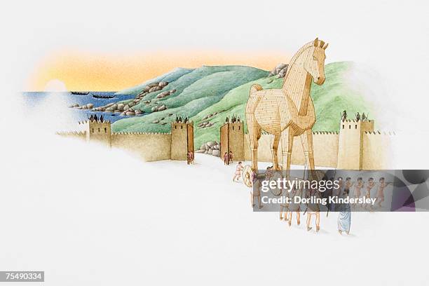 illustrazioni stock, clip art, cartoni animati e icone di tendenza di trojan wars, giant hollow wooden horse led by greek warriors - cavallo di troia