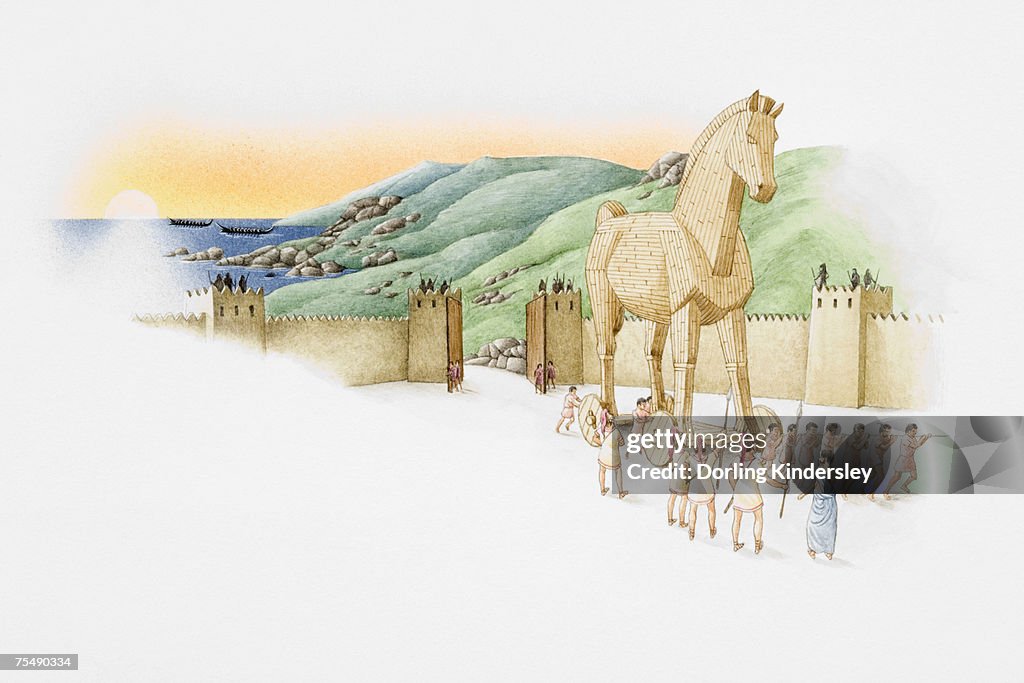 Trojan Wars, giant hollow wooden horse led by Greek warriors