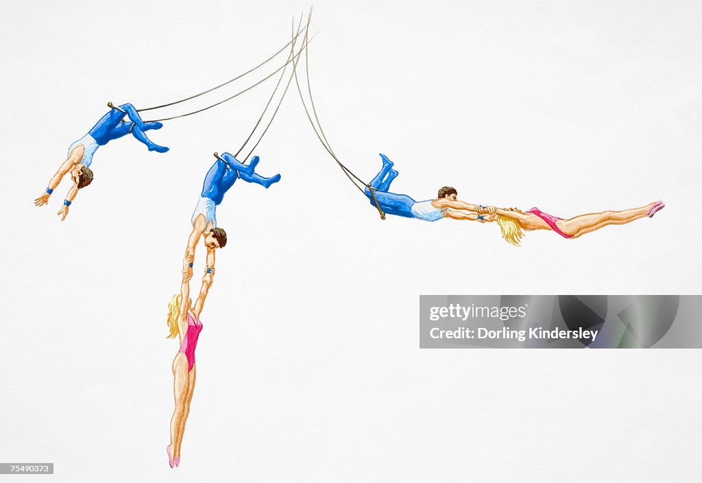 Trapeze artists in motion during performance, steps from start to completion of move