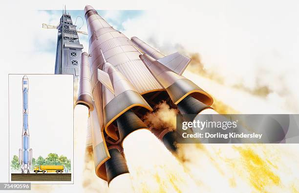 rocket blasting into space, low angle view - rocket propulsion stock illustrations