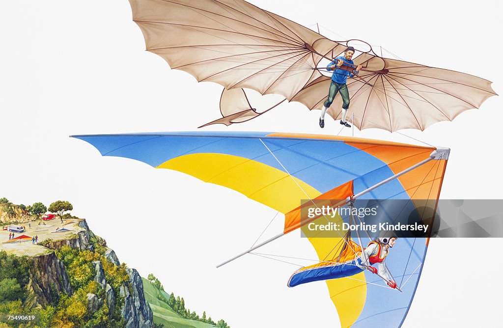 Ancient and modern hang gliding, low angle view