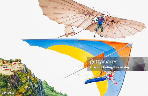 ancient and modern hang gliding, low angle view - hang gliding stock illustrations