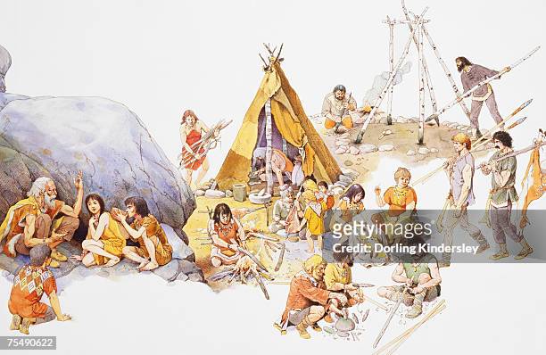 mesolithic man, gathering around fire in family groups and building dwellings - prehistoric era stock illustrations