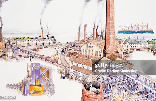 factories, with tall chimneys billowing pollutants - steam engine stock illustrations