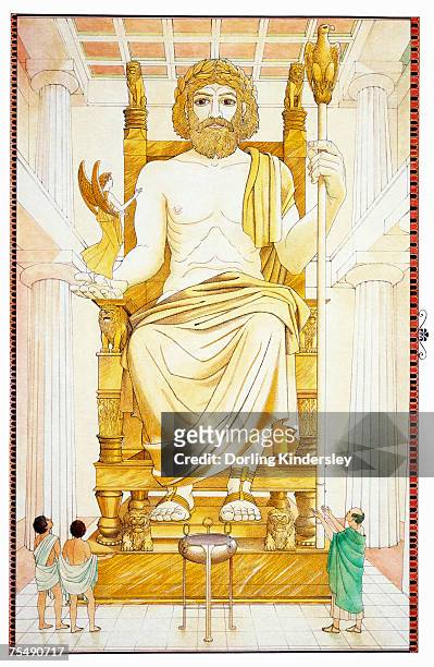 greece, third wonder, seated statue of greek god zeus, located in ancient town of olympia - ancient olympia greece stock illustrations