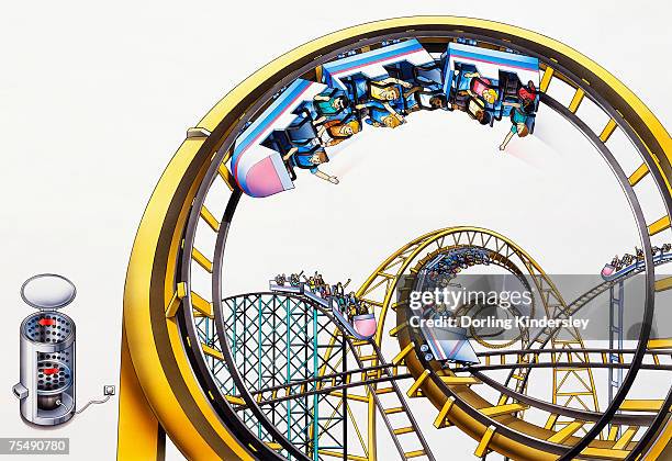 passengers upside down in coaster cars on roller coaster ride in amusement park - auf den kopf gestellt stock-grafiken, -clipart, -cartoons und -symbole