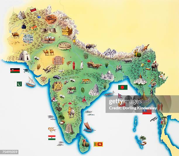 india, map with illustrations showing distinguishing features - india nepal stock illustrations