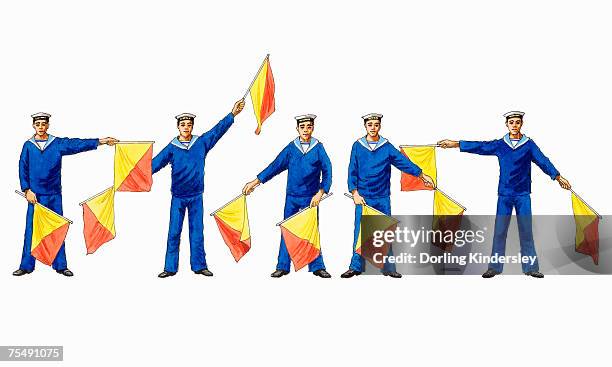 ilustraciones, imágenes clip art, dibujos animados e iconos de stock de marineros que demuestran sistema bandera semáforo - semaphore