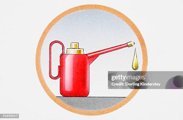 ilustraciones, imágenes clip art, dibujos animados e iconos de stock de oil can with drip falling from spout - aceitera