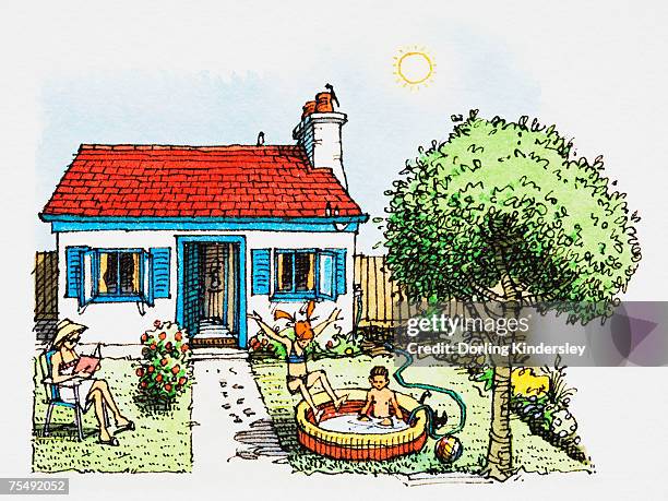 family scene on hot summer day in garden, with children playing in paddling pool, parent reading book, and cottage-style house in background - boy bath stock illustrations