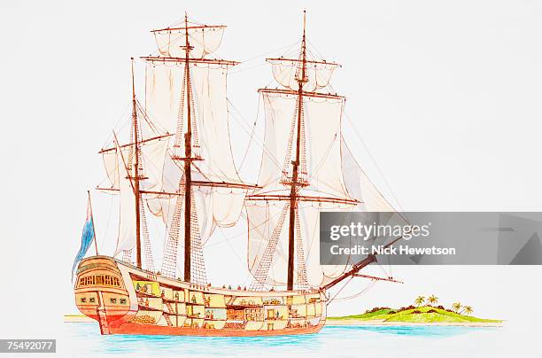 galleon, large multi-deck sailing ship moored in waters off island - hull stock illustrations