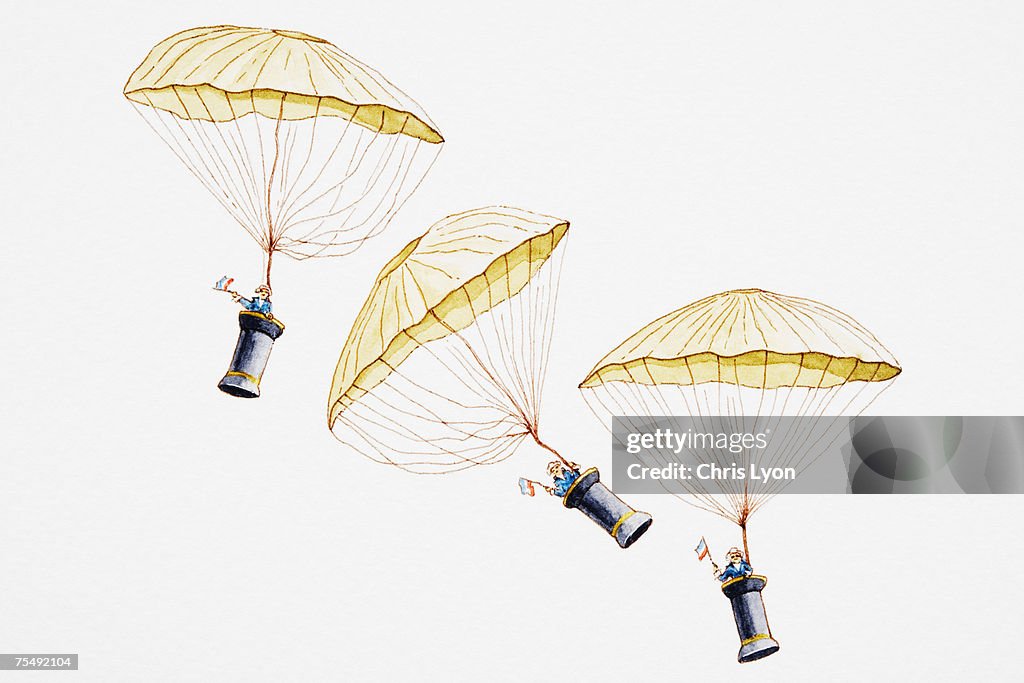 Early forms of parachute floating in sky, with men suspended in basket attached by lines and tapes
