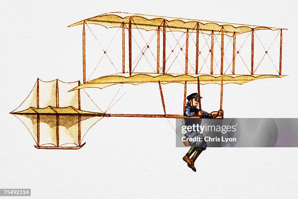 ilustrações, clipart, desenhos animados e ícones de early form of flying machine with pilot suspended on seat below wooden frame - avião biplano