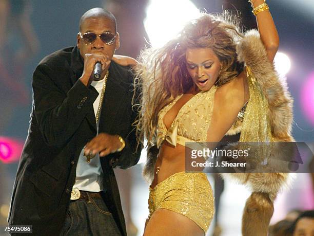 Jay-Z and Beyonce Knowles perform at the 2003 MTV Video Music Awards during 2003 MTV Video Music Awards - Show at the Radio City Music Hall in New...