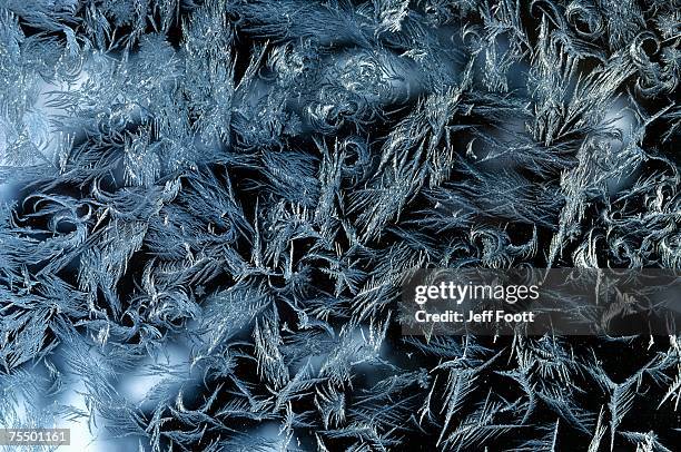 hoar frost patterns on window - eisblume stock-fotos und bilder