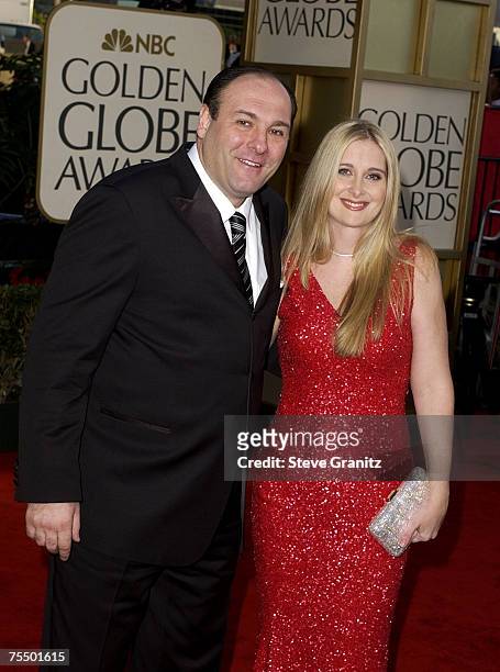 James Gandolfini and wife Marcy Gandolfini arrive at the Golden Globe Awards at the Beverly Hilton January 20, 2002 in Beverly Hills, California.