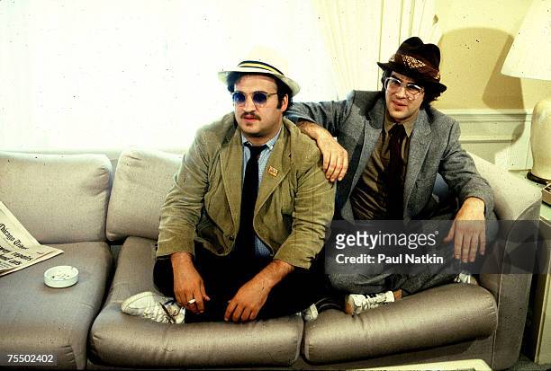 Dan Aykroyd and John Belushi promoting the movie "Blues Brothers" on 6/16/80 in Chicago,Il. In Various Locations,