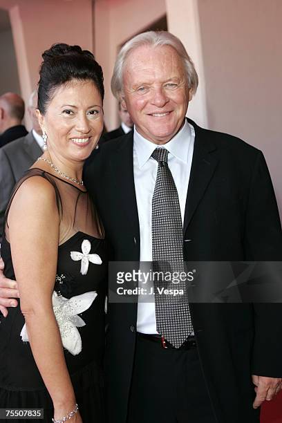 Anthony Hopkins with wife Stella Arroyave at the Venice Lido in Venice Lido, Italy.