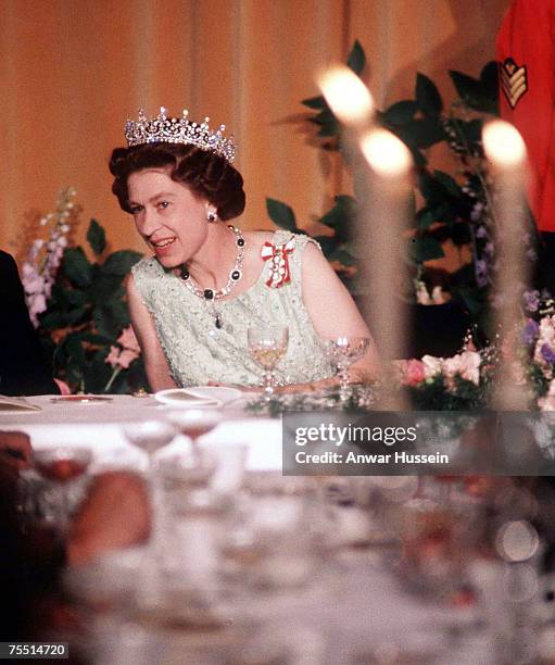 Queen Elizabeth II at a State Banquet in Canada, 1977. At the Various in Various, United Kingdom.