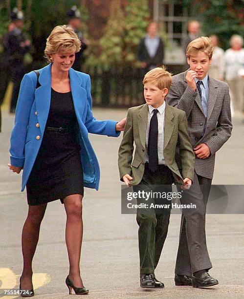 Prince William with Diana, Princess of Wales and Prince Harry on the day he joined Eton in September 1995. At the Various in Various, United Kingdom.