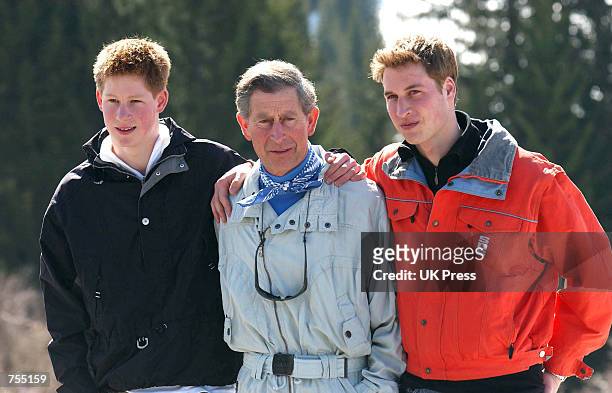 Prince Harry and Prince William stand next to their father Prince Charles March 29, 2002 in Klosters, Switzerland. Buckingham Palace announced March...