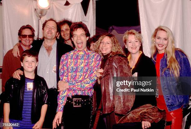 Michael Douglas, Don Gummer, Mick Jagger, Barbra Streisand, Meryl Streep and Jerry Hall on the Rolling Stones Steel Wheels Tour in 1989 in Los...