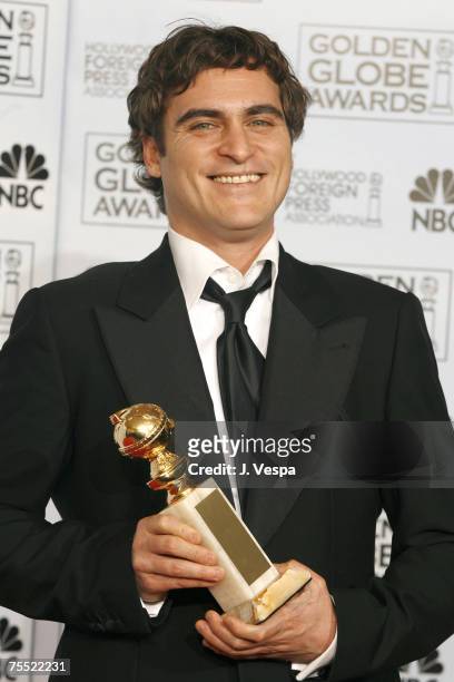 Joaquin Phoenix, winner of Best Performance by an Actor in a Motion Picture - Musical or Comedy for "Walk the Line" at the Beverly Hilton Hotel in...