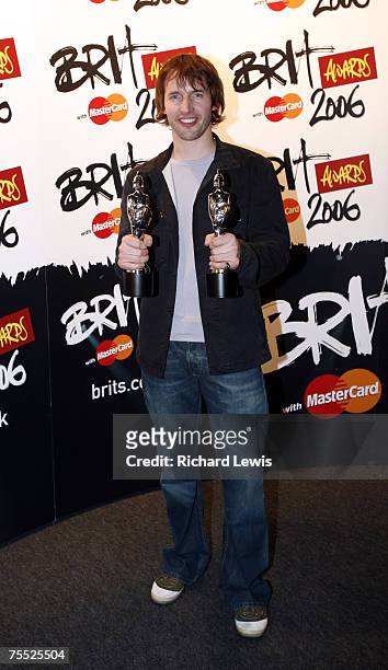 James Blunt with his Brit Awards for Best Pop Act and Best British Male Solo Artist at the Earls Court in London, United Kingdom.