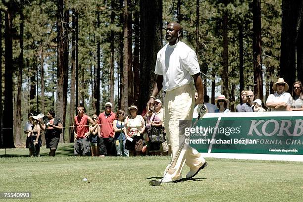 Michael Jordan plays in the American Century Championship Golf Tournament at the Edgewood Tahoe Golf Course in Lake Tahoe, Nevada on July 15, 2007