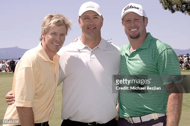 Jack Wagner stands with winner Chris Chandler and Trent Dilfer at the American Century Championship Golf Tournament at the Edgewood Tahoe Golf Course...