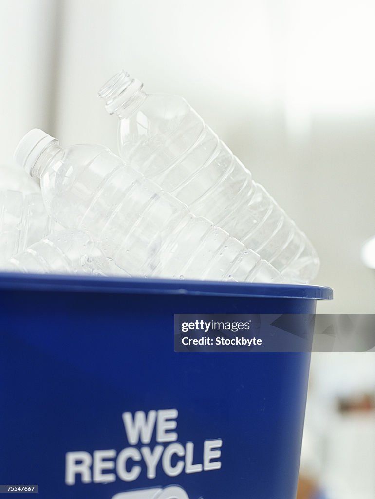 Plastic bottles in recycling bin,close-up