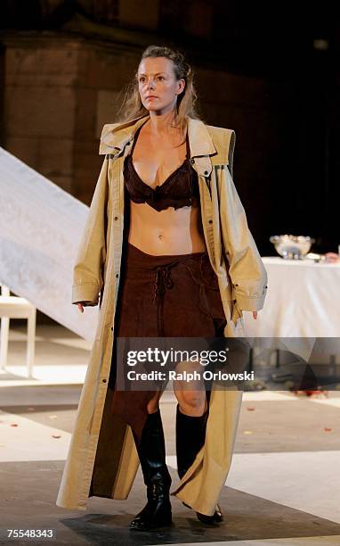 Annika Pages, playing the part of Bruenhild performs on stage during the rehearsal of "Die letzten Tage von Burgund" at the Nibelungen Festival July...