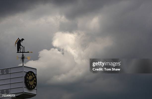The Old Father Time weather vane is pictured during day one of the First Test match between England and India at Lord's on July 19, 2007 in London,...