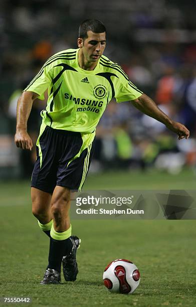 Tal Ben Haim of Chelsea FC plays the ball against the Suwon Samsung Bluewings during the World Series of Football match at the Home Depot Center on...