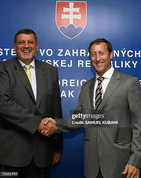 Canadian Minister for Foreign Affairs Peter MacKay is greeted by his Slovakian counterpart Jan Kubis 19 July 2007, in Bratislava. MacKay is on an...