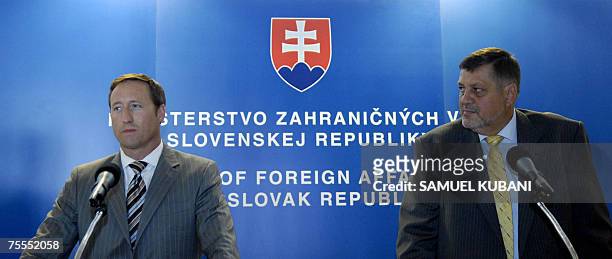 Canadian Minister of Foreign Affairs Peter MacKay and his Slovakian counterpart Jan Kubis attend a press conference in Bratislava after their...