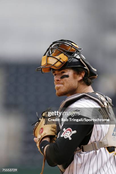 Ryan Doumit of the Pittsburgh Pirates looks on against the Los Angeles Dodgers on June 3, 2007 at PNC Park in Pittsburgh, Pennsylvania. The Dodgers...