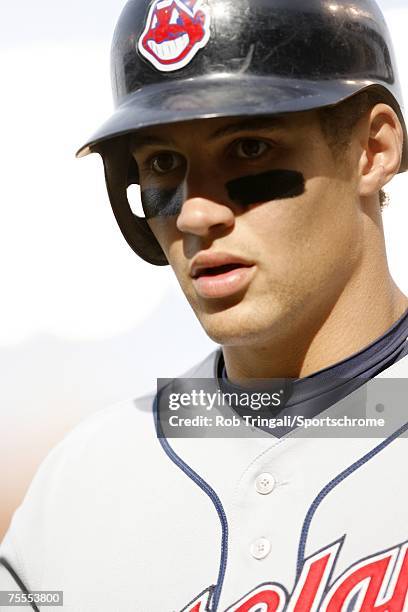 Outfielder Grady Sizemore of the Cleveland Indians looks on against the Baltimore Orioles at Oriole Park in Camden Yards on April 20, 2006 in...