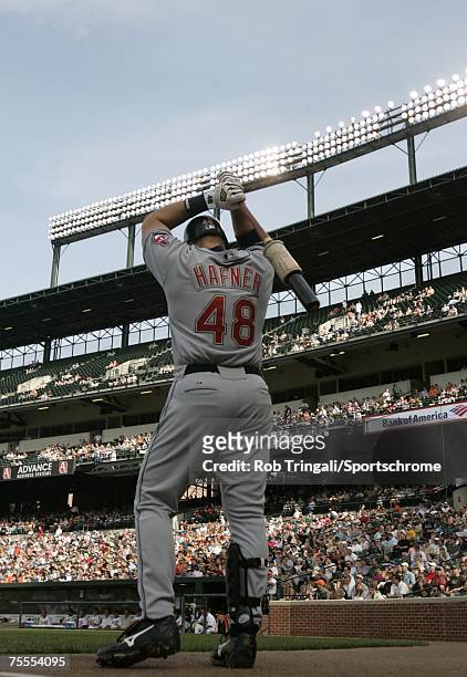 Travis Hafner of the Cleveland Indians bats against the Baltimore Orioles at Oriole Park in Camden Yards on April 20, 2006 in Baltimore, Maryland.The...