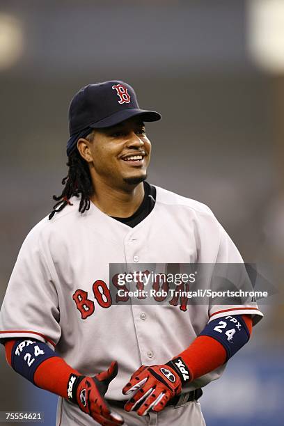 Manny Ramirez of the Boston Red Sox looks on against the New York Yankees at Yankee Stadium on April 27, 2006 in the Bronx borough of New York City...